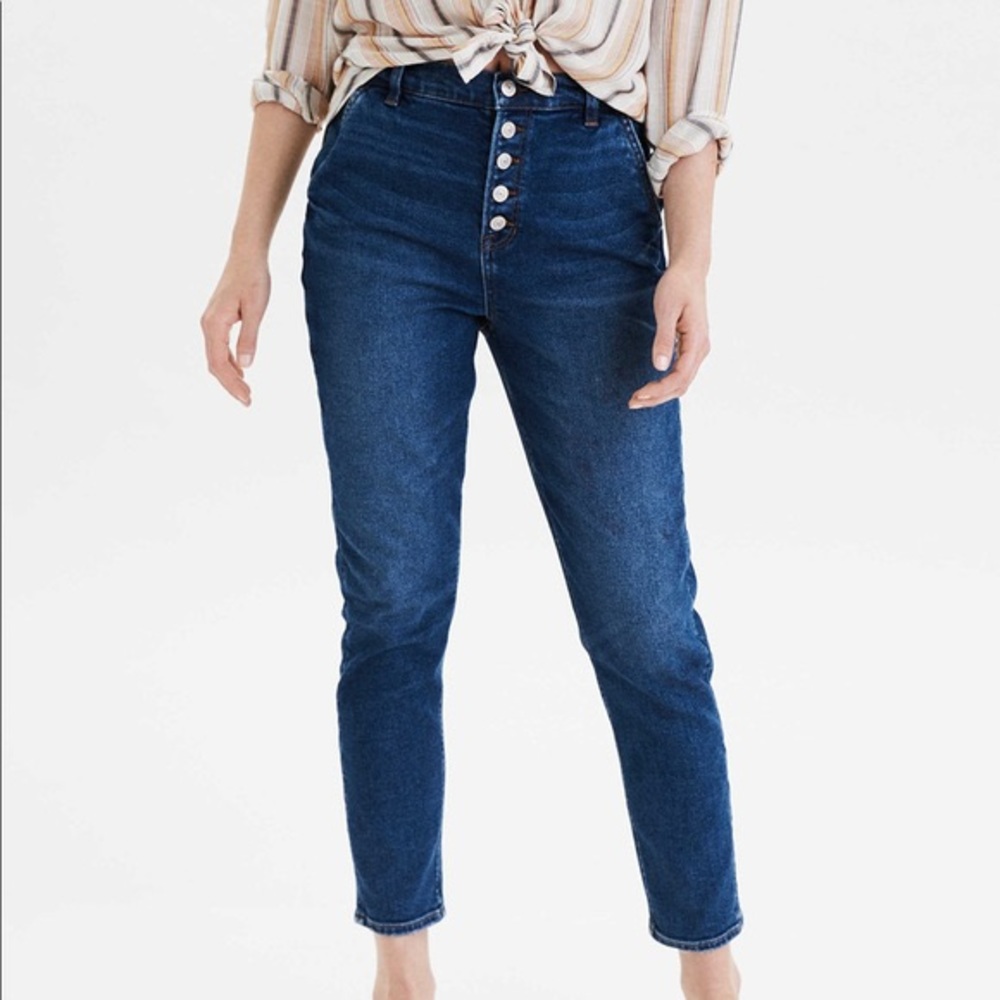 American Eagle Outfitters High-Rise Button-Fly Dark Blue Jeans
